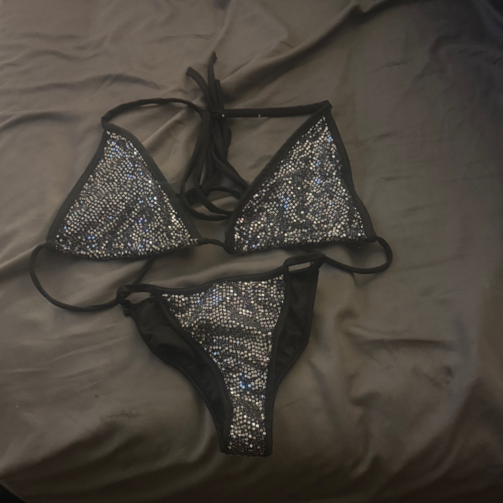 Fashion Nova Black Sequin Triangle Bikini